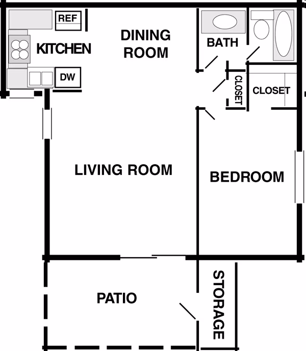 1 bedroom, 1 bath 2022 floor plan